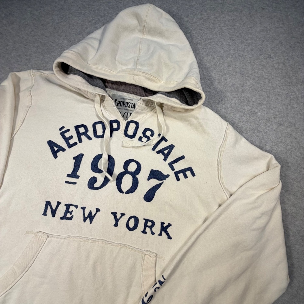 Aeropostale Hoodie Mens XXL Cream 1987 New York Graphic Pullover Sweatshirt